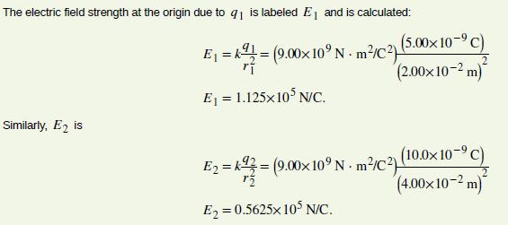 Example 6: Find the magnitude and direction of the total electric field due to the two point charges, q1 with