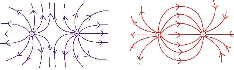 Below are diagrams showing the electric field line created by the presence of two charges equal in magnitude.