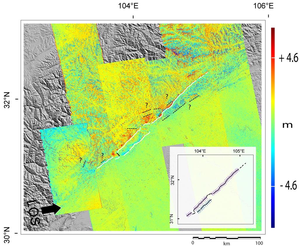 M. DE MICHELE et al.: THE SICHUAN EARTHQUAKE FROM PALSAR AMPLITUDE IMAGES 877 Fig. 2. Offsets in the range direction. Our interpretation of the rupture is plotted in white.