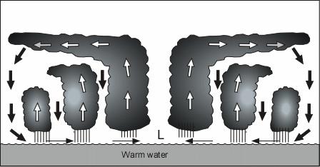 This heating causes the air to expand, forcing the air to diverge at the upper levels (horizontal arrows at cloud tops).