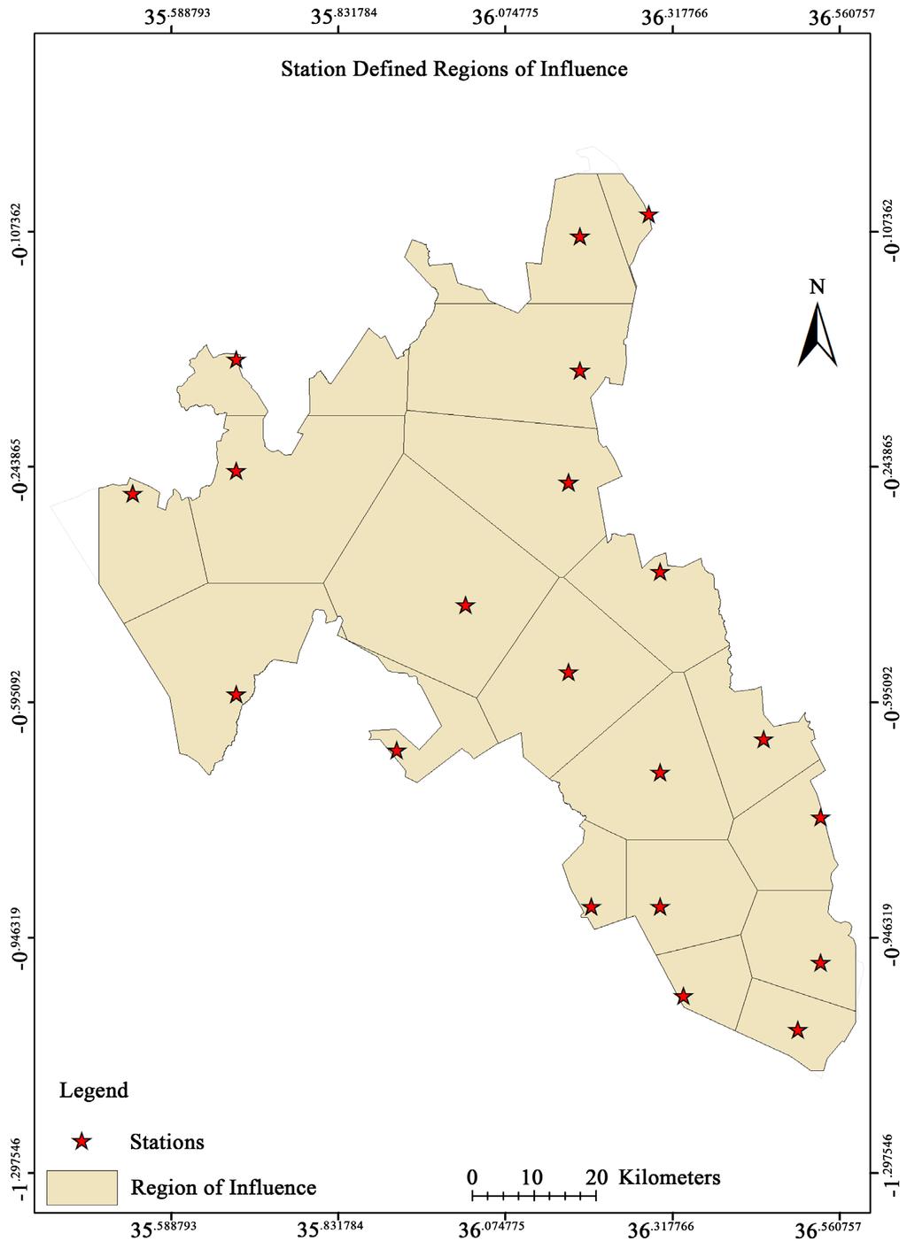 temperature value would be assumed to be constant. Figure 11 shows the ground stations, together with the Thiessen polygons, that serve as the regions of influence.