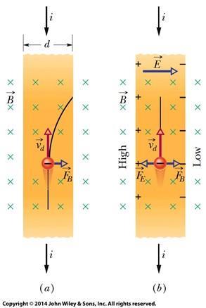 Hall Effect When a uniform magnetic field B is applied to a conducting strip carrying current i, with the field perpendicular to the direction of the current, a Halleffect potential difference V is