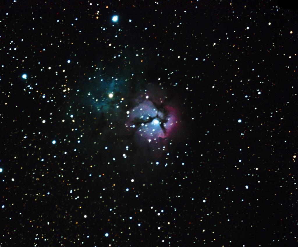 Member s Work Dave Majors spent a week at a dark sky site. The Trifid Nebula (M20, NGC 6514) is an H II region located in Sagittarius, and its name means 'divided into three lobes'.