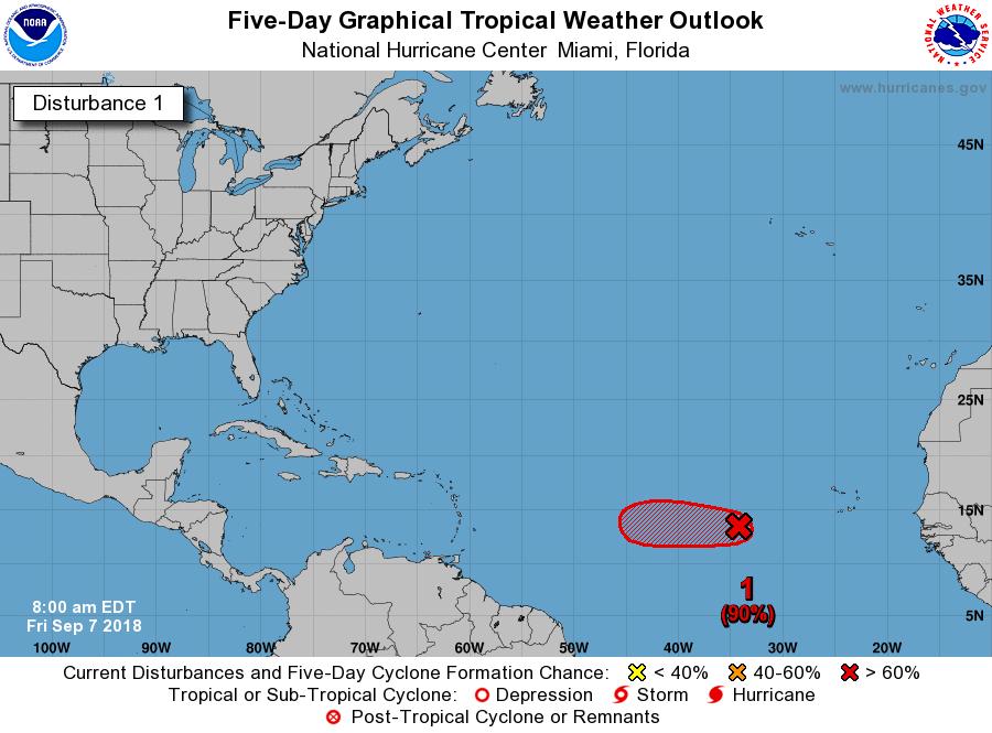 Satellite images indicate that the circulation of a low pressure system located about 650 miles west of the Cabo Verde Islands is gradually becoming better defined.