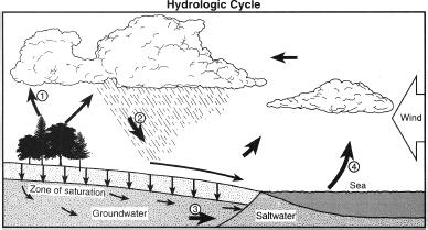 10. Base your answer to the question on the accompanying water cycle diagram shown. Some arrows are numbered 1 through 4 and represent various processes.