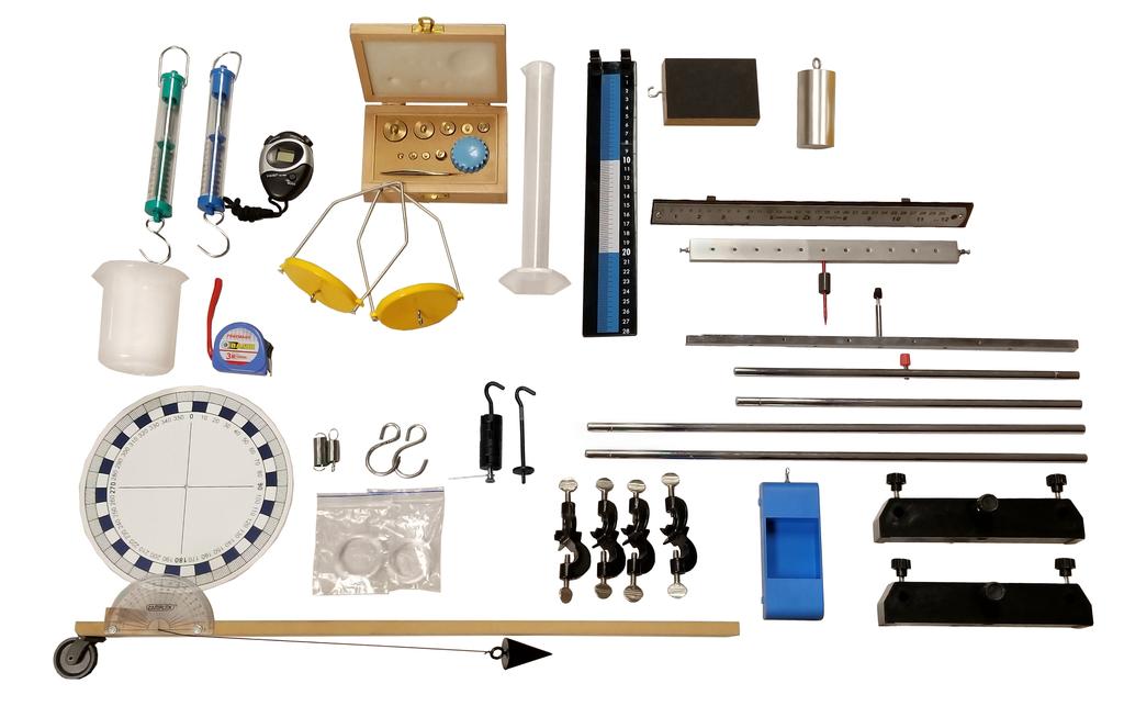 1. Dynamometer (5N) 2. Dynamometer (2.5N) 3. Stopwatch 4. Weight Box 5. Graduated Cylinder (100ml) 6. Double-Scale with Clip 7. Wooden Friction Block with Hook 8. Solid Aluminum Cylinder 9.