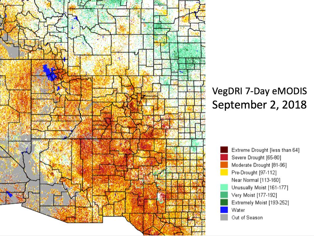 The top right image shows satellite-derived vegetation from the VegDRI product (which updates on Mondays).