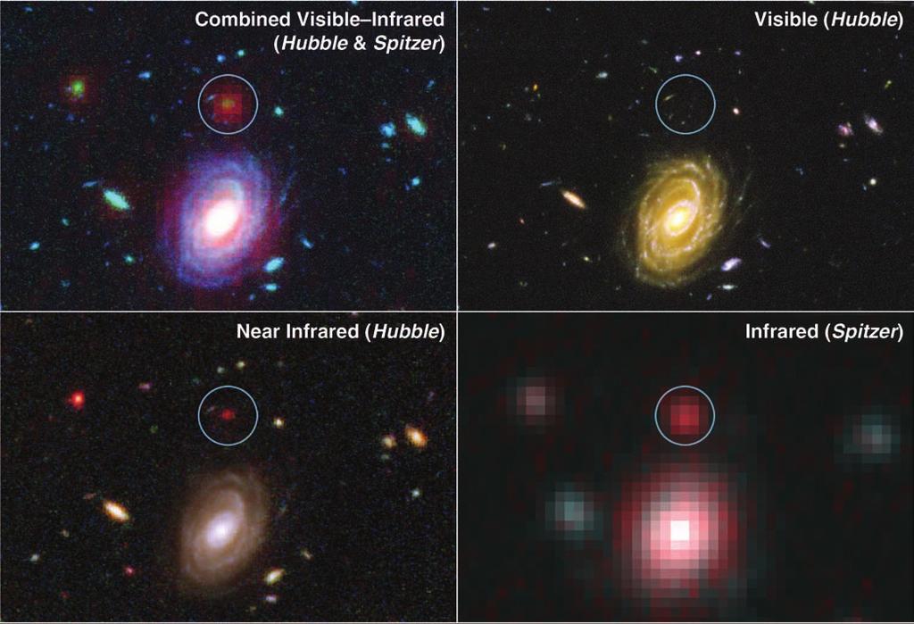 Hubble and Spitzer views of a massive, and amazingly mature, galaxy in the early universe (blue circle).