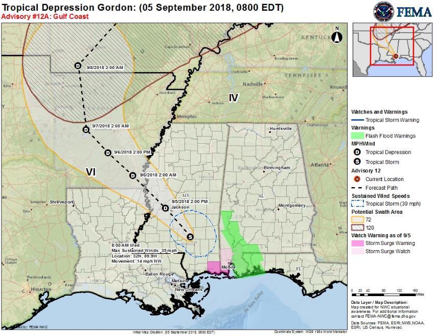 Tropical Depression Gordon Preparations/Response FEMA Region IV: RWC at Enhanced Watch (7:00 am midnight EDT) IMAT-2 on standby LNO deployed to MS; LNOs on stand-by to FL & AL MS EOC at Partial