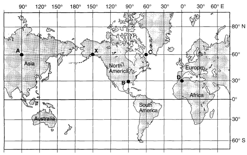 6. Base your answer to the following question on Letters A, B, C, D, and X on the map below represent locations on Earth.