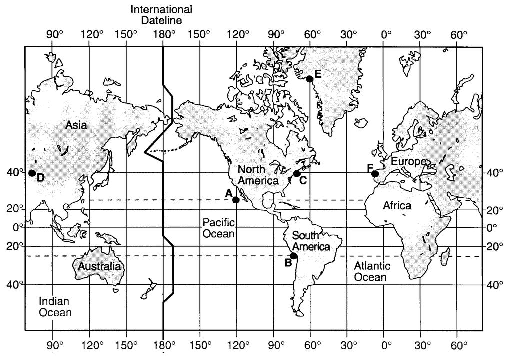 7. Base your answer to the following question on the map below. Letters A through F are locations on Earth s surface.