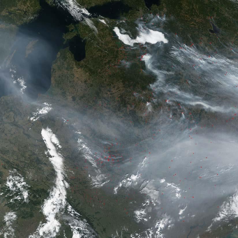 Example of Fire Detection by MODIS Satellite & Sensor: Terra- MODIS Moderate Resolution Imaging Spectroradiometer (MODIS) composite of western Russia, 4 September 2002 Heat signatures (red) and smoke
