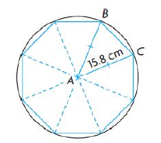 A regular octagon is inscribed in a circle of radius 15.8 cm. What is the perimeter, to the nearest tenth of a centimeter, of the octagon?
