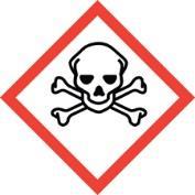 Toxic The Toxic pictogram is communicated by a skull and crossbones. This pictogram communicates that a chemical is toxic (poisonous) by either an oral (by mouth) or dermal (through skin) route.