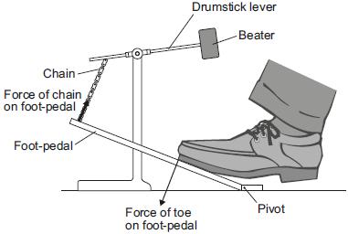 (Total 5 marks) Q6. A drum is hit by a beater attached to a drumstick lever. The drumstick lever is attached to a foot-pedal by a chain, as shown below.