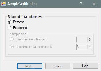Example: Sample Size Data Column with Percent Data Column If sample size has been specified as a data column and the selected data columns have been identified as "percent" data columns ARM will