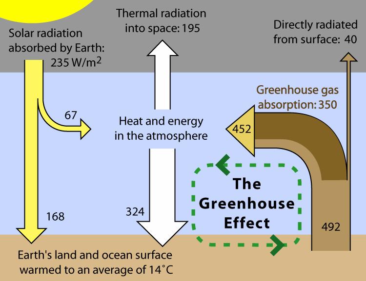 Observed atmosphere and its greenhouse effect: radiation in watts/m 2 Incoming ¼ x 1372 watts /m 2 = 342 watts/m figure source: Wikipedia reduced by simple reflection (albedo ~ 0.3) to 235.