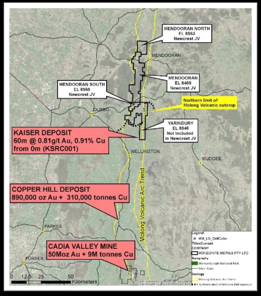 NSW PROJECT MENDOORAN Newcrest - Joint Venture Northern under-cover part of Molong Volcanic Belt 180km north from Newcrest s Cadia Valley (50Moz gold) Highly prospective belt along trend from Cadia