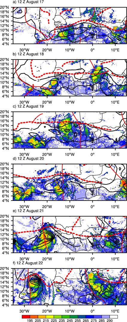 Fig. 2.2. The evolution of the pre-debby AEW. Brightness temperature is shaded and 650 hpa PV is contoured (black).