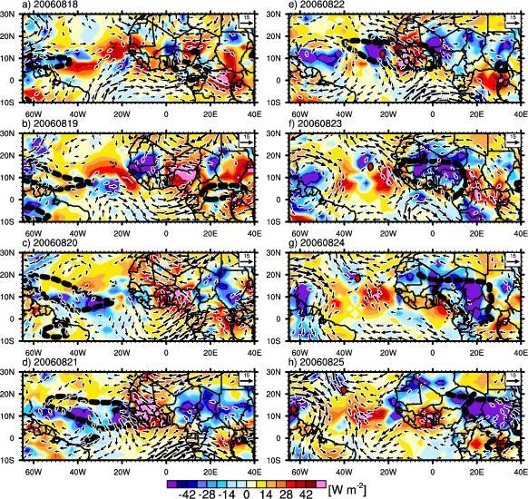 Fig. 2.7. The interaction between the pre-debby AEW and a CCKW (21-22 August 2006). Shading is unfiltered OLR anomalies.