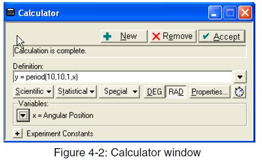 6. Open the Calculator and select period(10,10,1,x) from the Special menu in the Calculator. [This function determines the period of oscillation from the angular position versus time data.] 7.