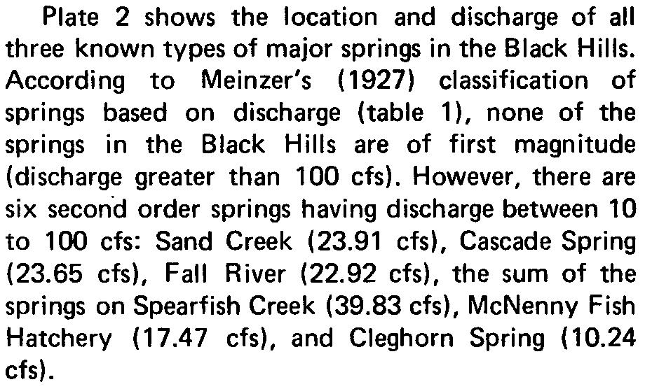 Plate 2 shows the location and discharge of all three known types of major springs in the Black Hills.