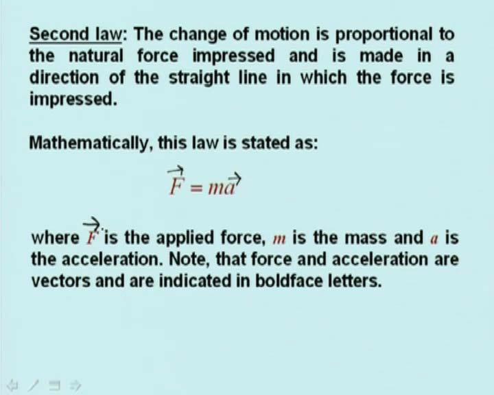 (Refer Slide Time: 15:11 min) The second law states the change of motion is proportional to the natural force impressed in a direction of the straight line in which the force is impressed.
