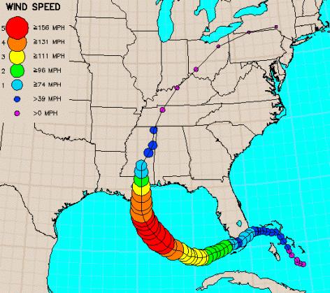 Gulf of Mexico 08/27: Category 3 (major hurricane) 08/28: Category 5 08/29: Second landfall (Cat 3) near Buras- Triumph, LA; hurricane force winds extending out