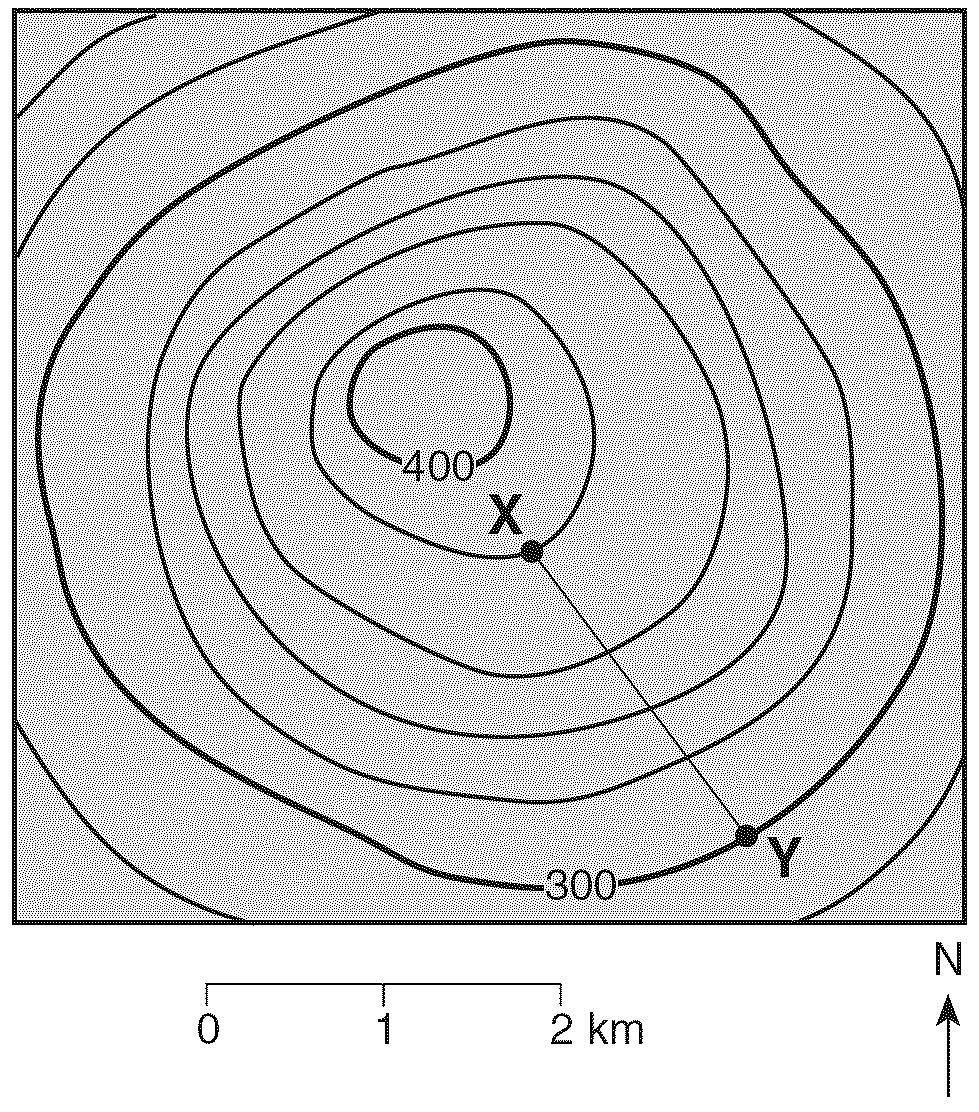 45. As a person travels due west across New York State, the altitude of Polaris will A) decrease B) increase C) remain the same 46. The topographic map below shows a hill.
