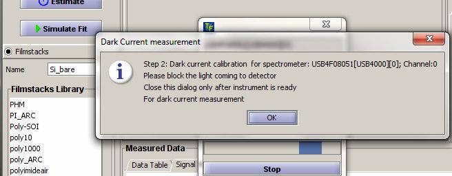 8) When the sub-window Dark Current measurement pops up, block the light inputted from the light