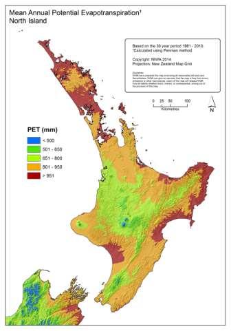 Figure 9. Maps of distribution of annual PET values in New Zealand.