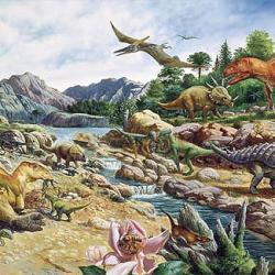 Reptiles were the dominant animals of this era, including the various dinosaurs. Small mammals and birds also appeared.