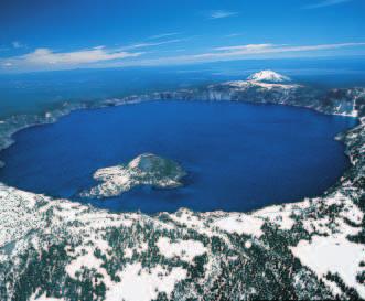 Figure 18-11 Crater Lake formed as the result of many eruptions. Mount Mazama Mount Mazama erupted many times. Magma chamber The top of partially empty magma chamber collapsed.