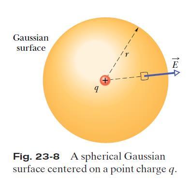 23-5 Gauss Law and Coulomb s Law Figure 23-8 shows a positive point charge q, around which a concentric spherical Gaussian surface of radius r is drawn. Divide this surface into differential areas da.