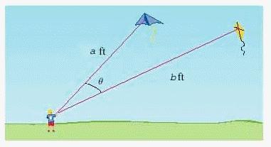 14. A boy is flying two kites at the same time. He has 450 ft of line out to one kite and 390 ft to the other. He estimates the angle between the two lines to be 34.