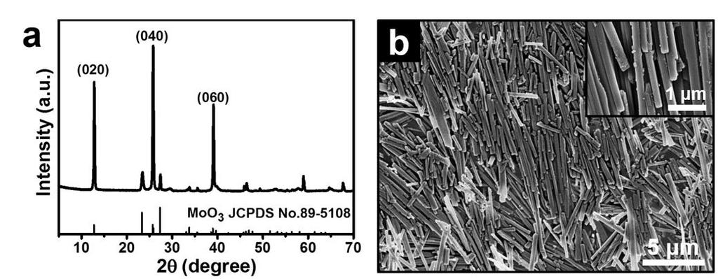 Figure S1. (a) XRD pattern, (b) SEM images of the as-prepared MoO3 nanorods. Figure S2.