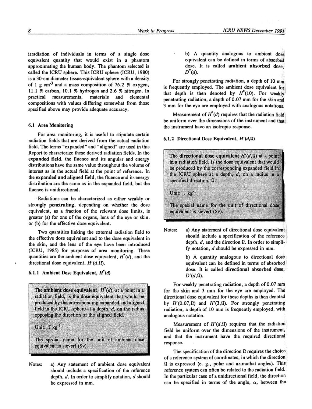 8 Work in Progress ICRU NEWS December 1991 irradiation of individuals in terms of a single dose equivalent quantity that would exist in a phantom approximating the human body.