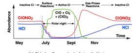 (1986): Bromine/chlorine coupling Cl + O 3 ClO + O 2 Br + O 3 BrO + O 2 BrO + ClO Br + ClOO ClOO + M Cl + O 2 + M Net: 2O 3 3O 2 ~20% of ozone removal in ozone hole Evolution of Antarctic Vortex