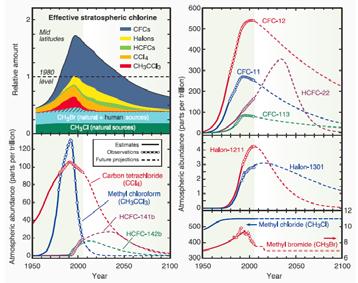 Past and expected future abundances of halogen source gases WMO, 2006 Ozone Recovery Computer model predictions: Antarctic ozone will recover to pre-1980