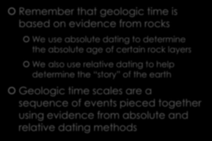 Geologic Time Remember that geologic time is based on evidence from rocks We use