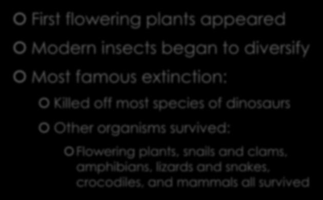 Cretaceous Period First flowering plants appeared Modern insects
