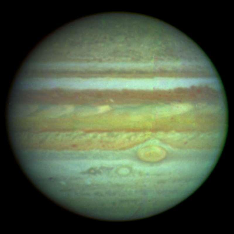 Jupiter Jupiter s atmosphere is composed of several layers The outer layer is frozen ammonia The inner layer mostly hydrogen and helium Surface of Jupiter Possibly liquid hydrogen with a mote