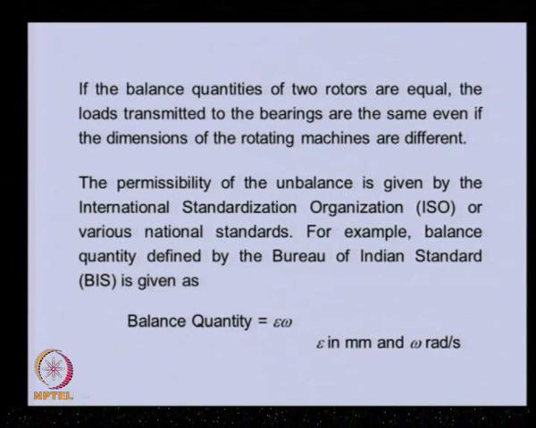 (Refer Slide Time: 33:59) May be now, if the balancing qualities of 2 rotors are equal, the load transmitted to the bearings are same even if the dimension of the rotating machine are different.