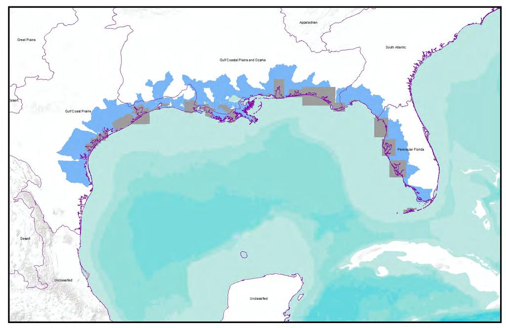 Spatial Coverage of Component Analyses Area of analysis covers coastal areas of four Department of Interior