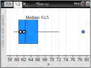 ID: A 454 ANS: 4 (1) The box plot indicates the data is not evenly spread. (2) The median is 62.5. (3) The data is skewed because the mean does not equal the median.