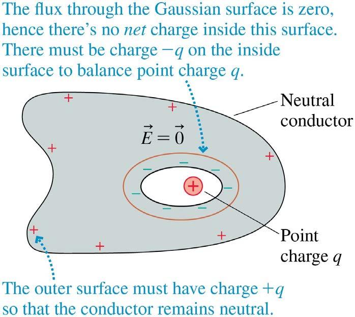 Conductors in Electrostatic Equilibrium The figure shows a charge q inside a hole within a neutral conductor.
