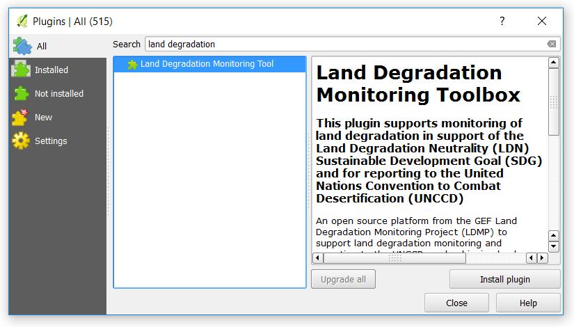 Then search for a plugin called Land degradation monitoring tool and select Install plugin at the bottom right of the screen.