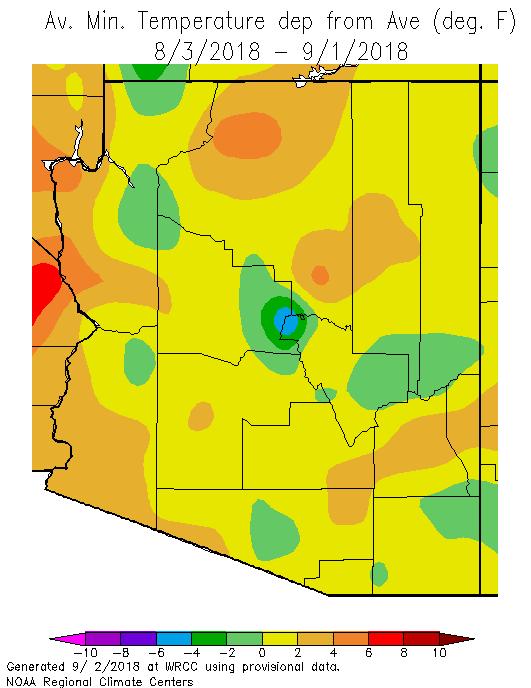 August August minimum temperatures were 0-2 o F warmer than average across most of the state with a couple of cooler than normal spots in southern Navajo and Apache counties, eastern Gila County, and
