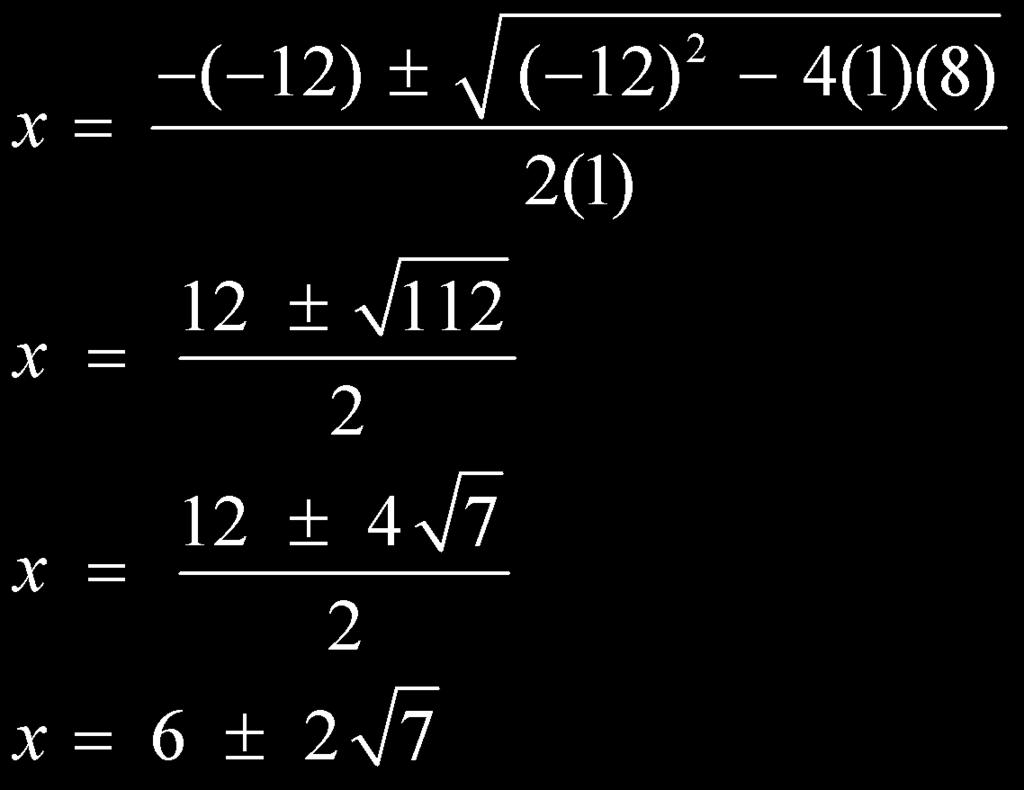 Ex. 2 Solve: Note: You must simplify the square root of 112. PRACTICE SET 5 For each of these last problems, show how to solve the given equation using EACH of the methods given. 1. 2x 2 7x 4 = 0 Solve by: a.