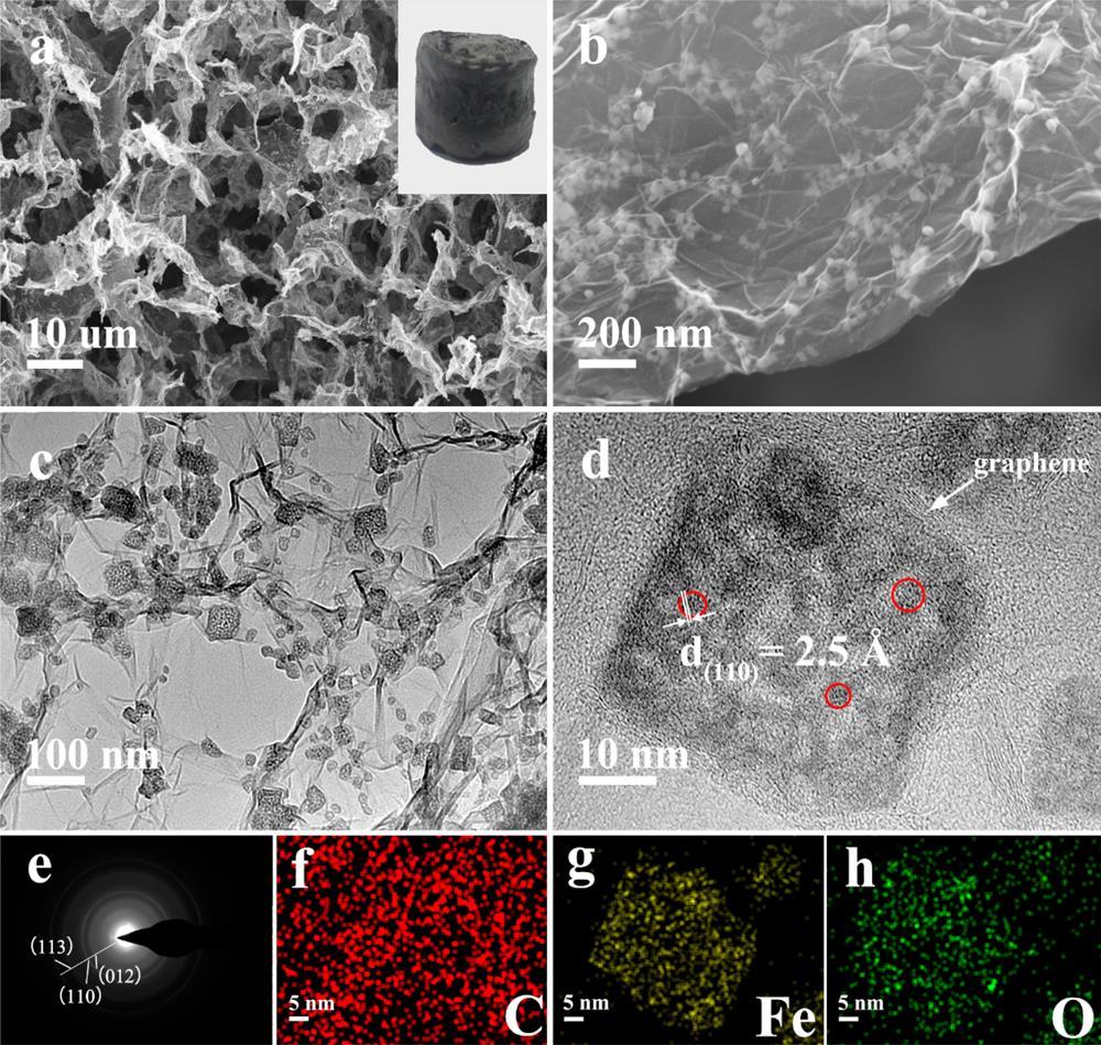 Porous Fe 2 O 3 Nanoframeworks Encapsulated within Three-Dimensional Graphene SEM and (c) TEM images of the microstructure of 3DG/Fe 2 O 3 prepared by annealing of 3DG/PB at 250 C for 2h.